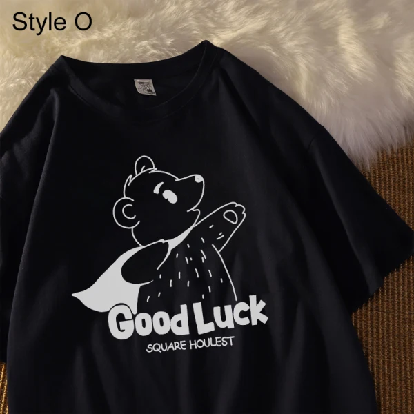 Summer Street Wear White Cartoon Loose T-Shirts 2021 Cotton Scoop Neck Short Sleeve Women's Tops