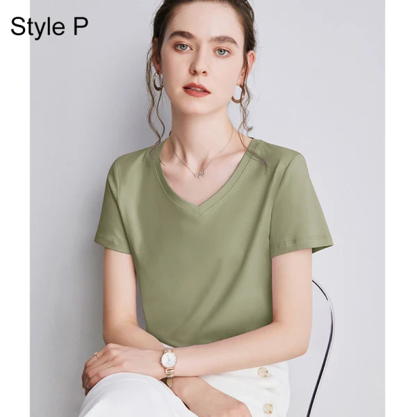 Modest / Simple Summer Casual OL White Regular T-Shirts 2021 Cotton V-Neck Short Sleeve Women's Tops T-shirt