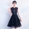Modern / Fashion Black Pierced Homecoming Graduation Dresses 2018 A-Line / Princess Scoop Neck Sleeveless Appliques Lace Beading Amazing / Unique Tulle Knee-Length Formal Dresses