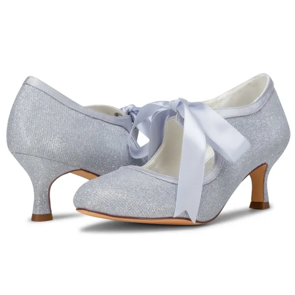 Schlicht Ivory / Creme Satin Spitze Brautschuhe 2021 Schleife 6 cm Stilettos Runde Zeh Hochzeit Pumps Hochhackige