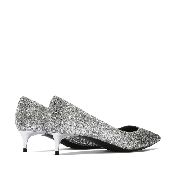 Schöne Silber Abend Pumps 2019 Leder Pailletten 4 cm Stilettos Spitzschuh Low Heel Pumps