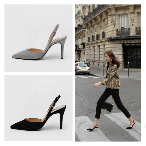 Schlicht Beige Büro OL Slingpumps Sandalen Damen 2020 Wildleder 8 cm Stilettos Spitzschuh Sandaletten