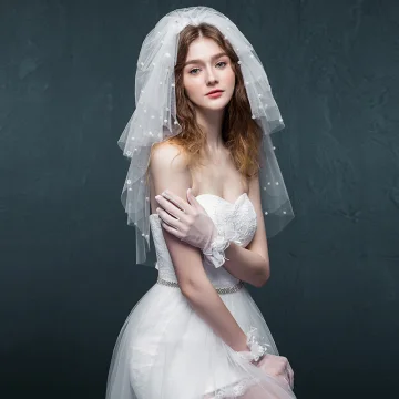 Eleganta 2017 1 M Vita Appliqués Pärla Tyll Spets Brudslöja