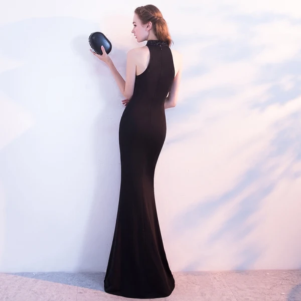 Chic / Belle Noire Robe De Soirée 2017 Trompette / Sirène Titulaire Polyester Perlage Fendue devant Fait main Soirée Robe De Fete