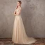 Chic / Beautiful Champagne Evening Dresses  2017 A-Line / Princess V-Neck Lace Pearl Appliques Backless Beading Homecoming Formal Dresses