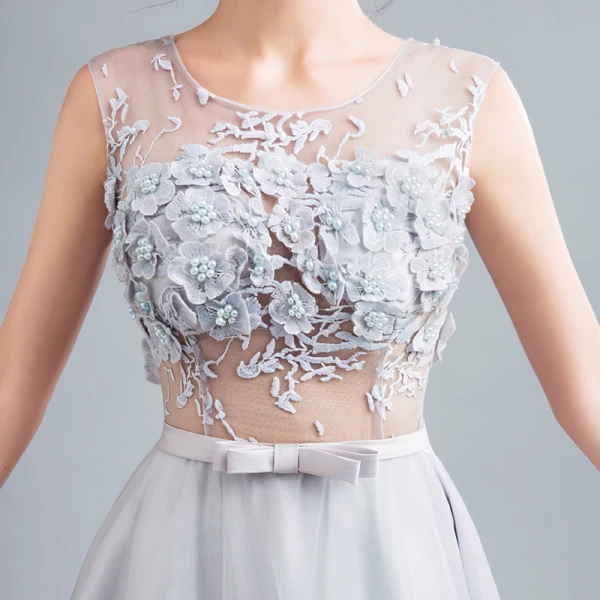 Chic / Beautiful Grey Evening Dresses 2017 A-Line / Princess U-Neck Tulle Appliques Backless Beading Evening Party Formal Dresses