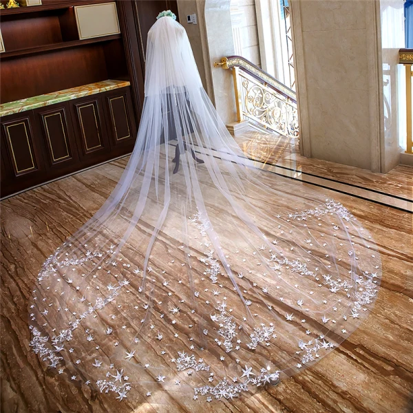 Amazing / Unique White Royal Train Wedding Tulle Star Appliques Starry Sky 4 m Wedding Veils 2018