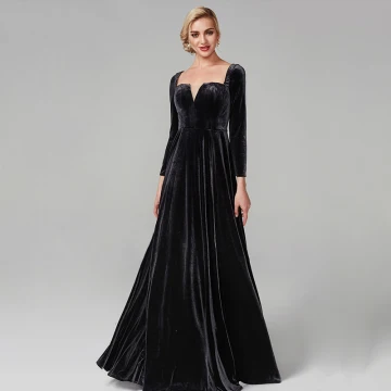 Simple Noire Robe De Soirée 2020 Princesse Longue Manches Longues V Cou Velour Couleur Unie Cocktail Soirée Robe De Ceremonie