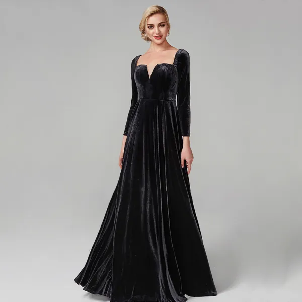 Proste / Simple Czarne Sukienki Wieczorowe 2020 Princessa Długie Długie Rękawy V-Szyja Welur Jednolity kolor Koktajlowe Wieczorowe Sukienki Wizytowe