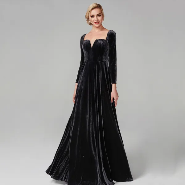 Simple Noire Robe De Soiree 2020 Princesse Longue Manches Longues V Cou Velour Couleur Unie Cocktail