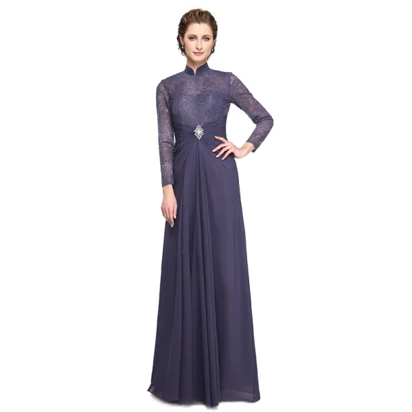 Luksusowe Fioletowe Sukienki Na Wesele Dla Mamy 2020 Princessa Długie Wysokiej Szyi Długie Rękawy Bez Pleców Haftowane Wykonany Ręcznie Ślub Sukienki Na Wesele