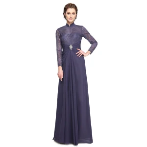 Magnífico Morado Vestidos De Madrina 2020 A Line Princess Largos Cuello Alto Manga Larga Sin Espalda Bordado Hecho A Mano Boda Vestidos Para Bodas
