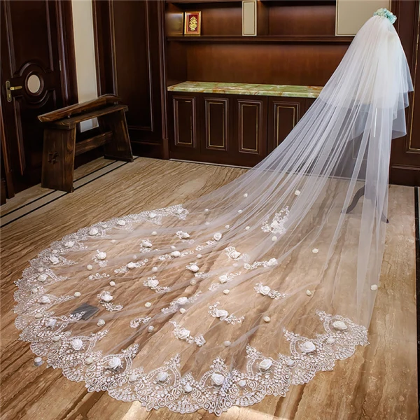 Flower Fairy White Cathedral Train Wedding 4 m Tulle Lace Flower Appliques Wedding Veils 2018