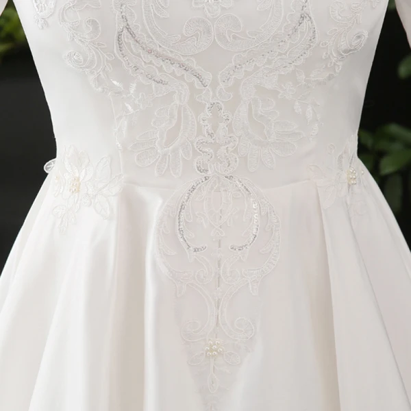 Unique Weiß Übergröße Brautkleider / Hochzeitskleider 2020 A Linie Lange Kurze Ärmel U-Ausschnitt Handgefertigt Perlenstickerei Applikationen Rückenfreies Perle Hochzeit