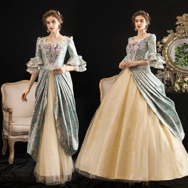 Vintage / Retro Medieval Multi-Colors Ball Gown Prom Dresses 2021 Zipper Up 1/2 Sleeves U-Neck Floor-Length / Long 3D Lace Beading Flower Printing Cosplay