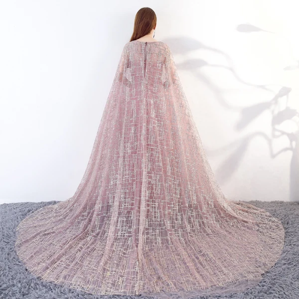 Amazing / Unique Blushing Pink Floor-Length / Long Evening Dresses 2018 A-Line / Princess With Cloak U-Neck Tulle Beading Sequins Evening Party Formal Dresses