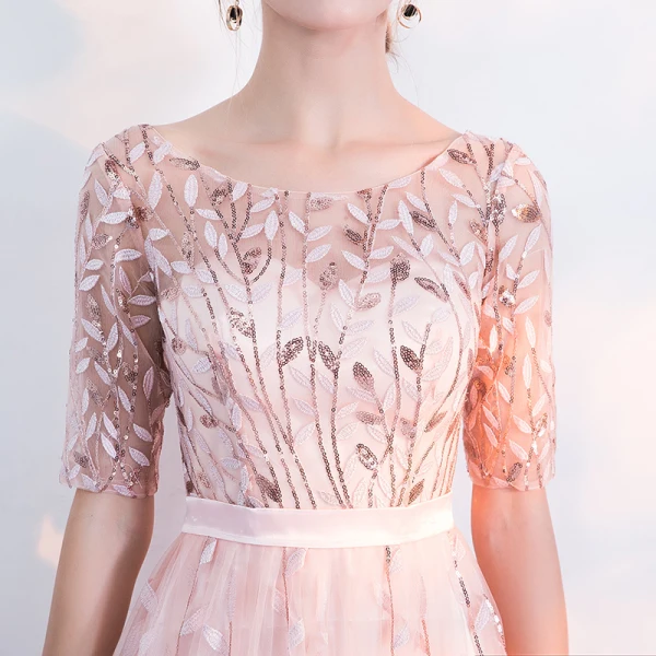 Chic / Beautiful Blushing Pink Evening Dresses 2017 A-Line / Princess Homecoming U-Neck Lace Backless Appliques Printing 1/2 Sleeves Evening Party Party Dresses