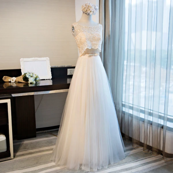 Chic / Beautiful 2 Piece Champagne Evening Dresses 2017 A-Line / Princess U-Neck Lace Butterfly Appliques Backless Homecoming Graduation Dresses