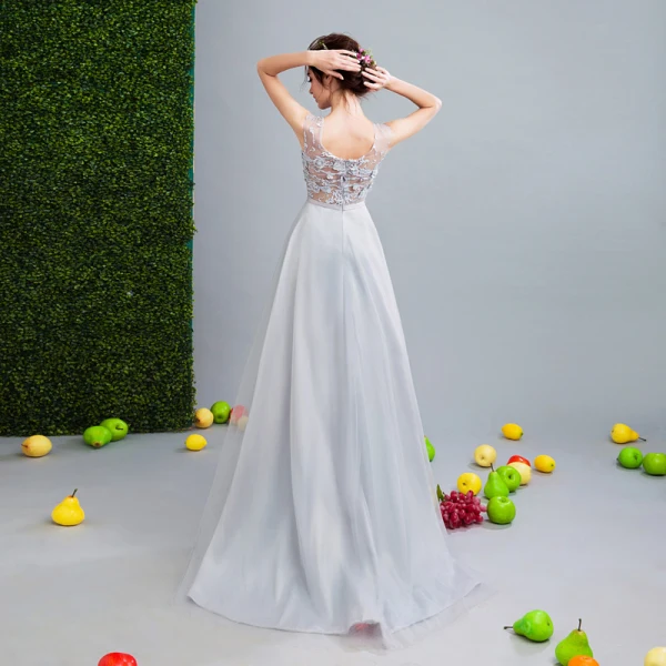 Chic / Beautiful Grey Evening Dresses 2017 A-Line / Princess U-Neck Tulle Appliques Backless Beading Evening Party Formal Dresses