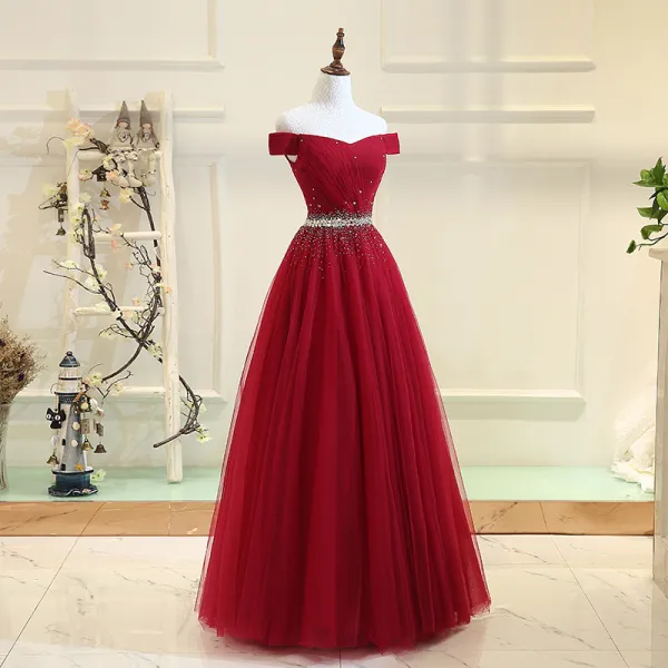 Chic Beautiful Burgundy Prom Dresses 2017 A Line Princess Tulle Backless Beading Rhinestone Prom Formal Dresses