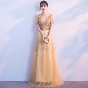 Chic Beautiful Gold Evening Dresses 2018 A Line Princess V Neck Tulle Backless Beading Rhinestone Sequins Evening Party Formal Dresses