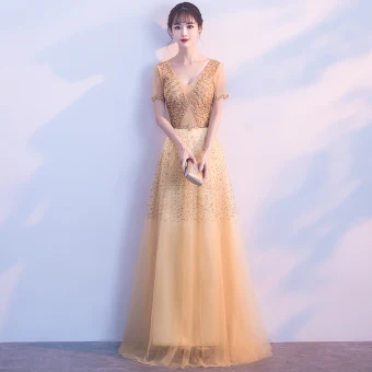 Chic Belle Dorés Robe De Soirée 2018 Princesse V Cou Tulle Dos Nu Perlage Faux Diamant Paillettes Soirée Robe De Ceremonie
