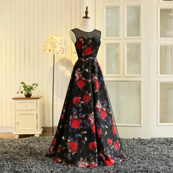 Flower Fairy Multi-Colors Floor-Length / Long Evening Dresses  2018 A-Line / Princess U-Neck Charmeuse Backless Printing Evening Party Prom Dresses