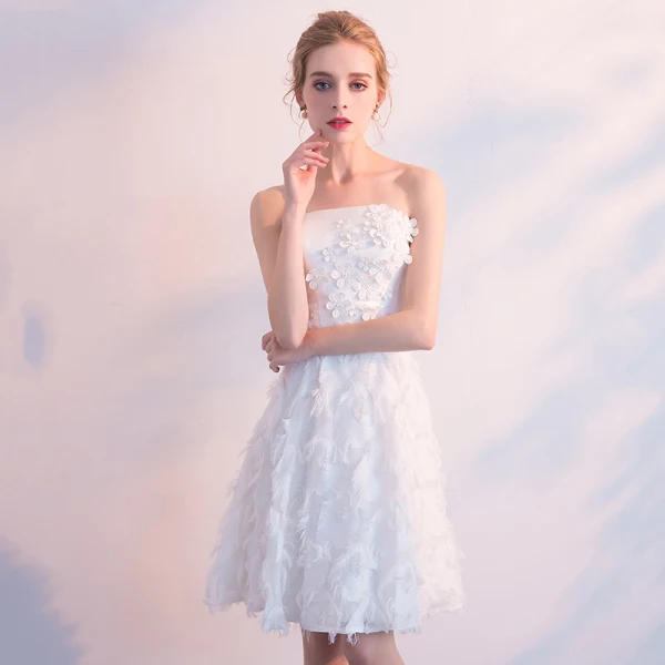 Classic Elegant White Wedding 2018 A-Line / Princess Tulle Short Appliques Backless Strapless Wedding Dresses