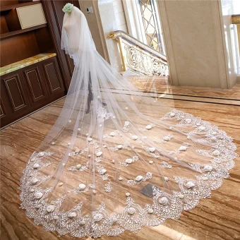 Flower Fairy White Cathedral Train Wedding 4 M Tulle Lace Flower Appliques Wedding Veils 2018