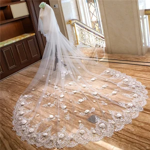 Hada De Las Flores Blanco Cathedral Train Boda 4 M Tul Con Encaje Flor Apliques Velo De Novia 2018