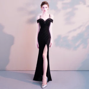 Moderne Mode Sexy Noire Longue Robe De Soirée 2018 Trompette Sirène Charmeuse Dos Nu Perlage Faux Diamant Robe De Ceremonie