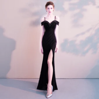 Moderne Mode Sexy Noire Longue Robe De Soirée 2018 Trompette Sirène Charmeuse Dos Nu Perlage Faux Diamant Robe De Ceremonie