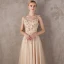 Chic / Beautiful Champagne Evening Dresses  2017 A-Line / Princess V-Neck Lace Pearl Appliques Backless Beading Homecoming Formal Dresses