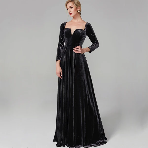 Modest / Simple Black Evening Dresses 2020 A-Line / Princess Floor-Length / Long Long Sleeve V-Neck Velour Solid Color Cocktail Party Evening Party Formal Dresses