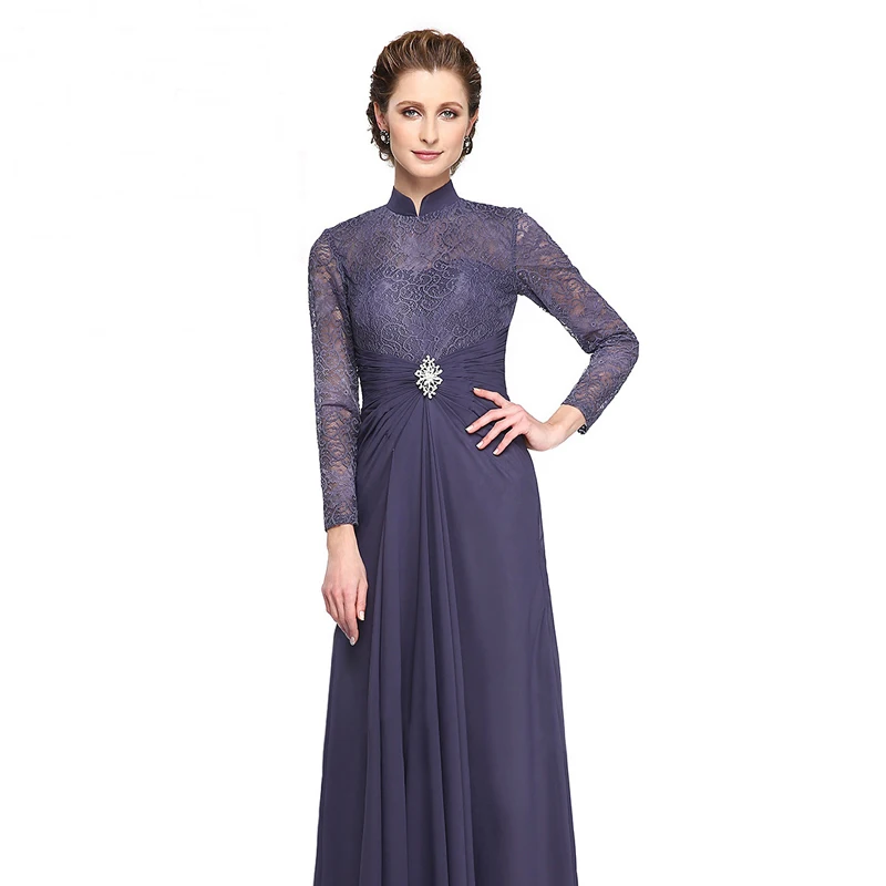 Luxury Gorgeous Purple Mother Of The Bride Dresses 2020 A Line Princess  Floor Length Long High Neck Long Sleeve Backless Embroidered Handmade  Wedding Wedding Party Dresses