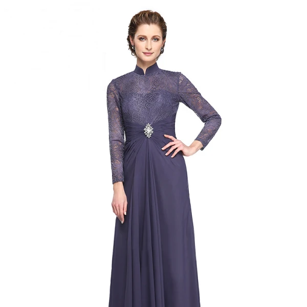 Luxury / Gorgeous Purple Mother Of The Bride Dresses 2020 A-Line / Princess Floor-Length / Long High Neck Long Sleeve Backless Embroidered Handmade