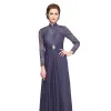 Luxury / Gorgeous Purple Mother Of The Bride Dresses 2020 A-Line / Princess Floor-Length / Long High Neck Long Sleeve Backless Embroidered Handmade  Wedding Wedding Party Dresses