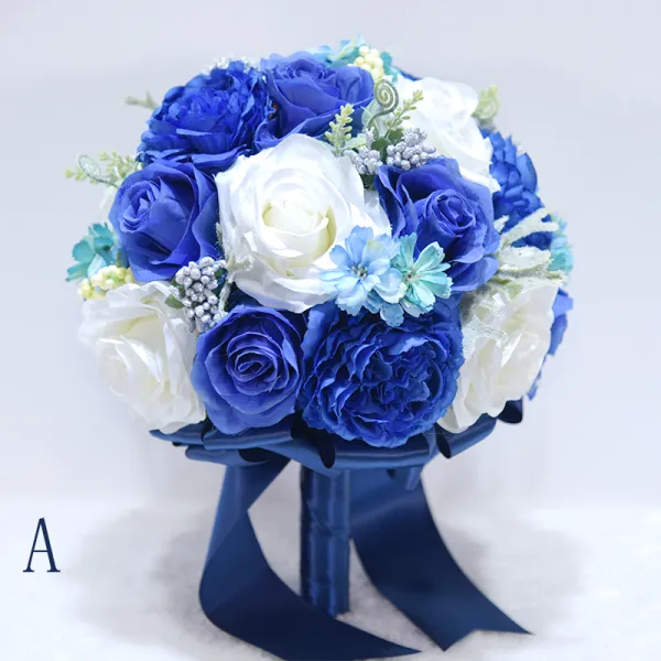 Chic / Belle Bleu Roi Bouquet De Mariée 2020 Cristal Fleur Fleurs Artificielles La Mariée Mariage Promo Accessorize