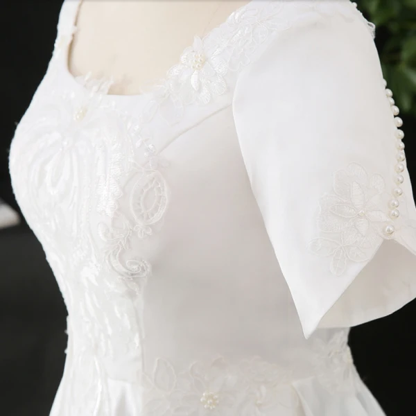 Unique Weiß Übergröße Brautkleider / Hochzeitskleider 2020 A Linie Lange Kurze Ärmel U-Ausschnitt Handgefertigt Perlenstickerei Applikationen Rückenfreies Perle Hochzeit