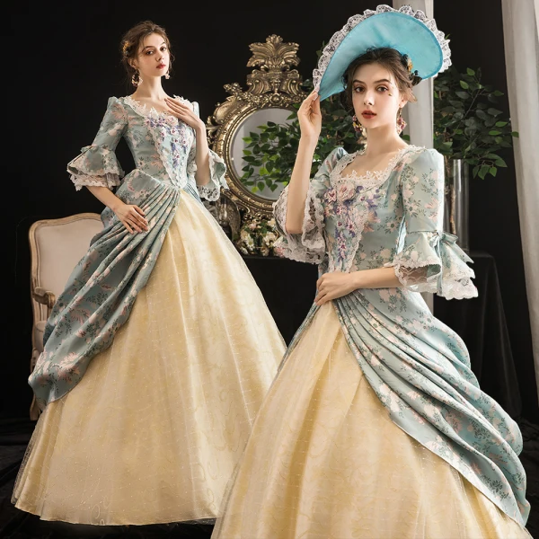 Vintage / Retro Medieval Multi-Colors Ball Gown Prom Dresses 2021 Zipper Up 1/2 Sleeves U-Neck Floor-Length / Long 3D Lace Beading Flower Printing Cosplay