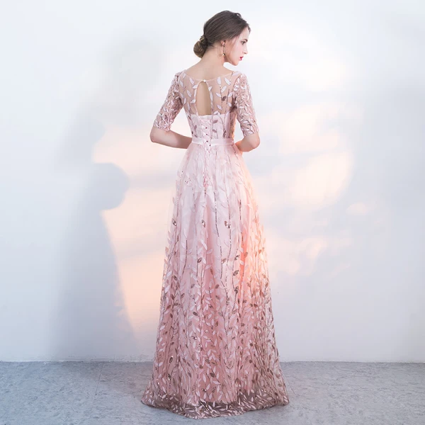 Chic / Beautiful Blushing Pink Evening Dresses 2017 A-Line / Princess Homecoming U-Neck Lace Backless Appliques Printing 1/2 Sleeves Evening Party Party Dresses