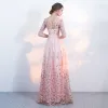 Schöne Rosa Abendkleider 2017 A Linie Heimkehr U-Ausschnitt Spitze Rückenfreies Applikationen Drucken 1/2 Ärmel Abend Partykleider