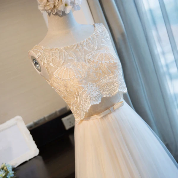 Chic / Beautiful 2 Piece Champagne Evening Dresses 2017 A-Line / Princess U-Neck Lace Butterfly Appliques Backless Homecoming Graduation Dresses