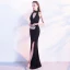 Chic / Belle Noire Robe De Soirée 2017 Trompette / Sirène Titulaire Polyester Perlage Fendue devant Fait main Soirée Robe De Fete