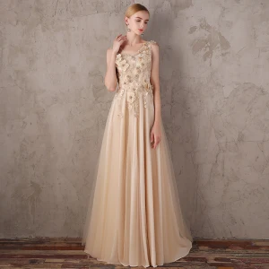 Chic Beautiful Champagne Evening Dresses 2017 A Line Princess V Neck Lace Pearl Appliques Backless Beading Homecoming Formal Dresses