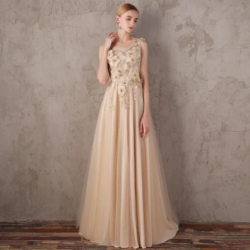Chic Beautiful Champagne Evening Dresses 2017 A Line Princess V Neck Lace Pearl Appliques Backless Beading Homecoming Formal Dresses