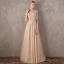 Chic / Beautiful Champagne Evening Dresses  2017 A-Line / Princess V-Neck Lace Pearl Appliques Backless Beading Homecoming Formal Dresses