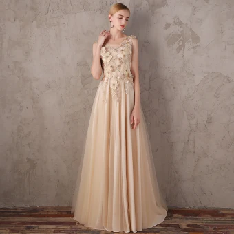 Hermoso Champán Vestidos De Noche 2017 A Line Princess V Cuello De Encaje Perla Apliques Sin Espalda Rebordear De Fiesta Vestidos Formales