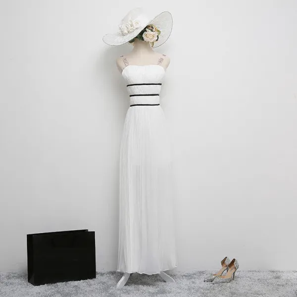 Klassisch Elegante Weiß Abendkleider 2017 A Linie Chiffon Rückenfreies Pailletten Gestreift Abend Festliche Kleider