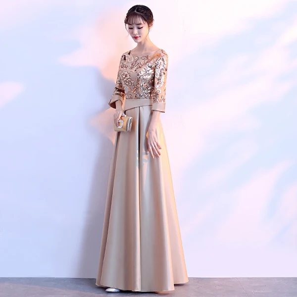 Chic / Beautiful Gold Evening Dresses  2018 A-Line / Princess Charmeuse U-Neck Beading Sequins Zipper Glitter Evening Party Formal Dresses